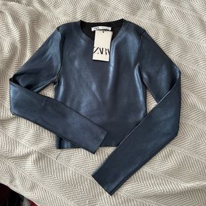 zara metallic blue cropped long sleeve shirt size small